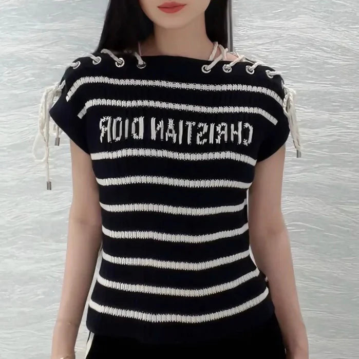 Slant Shoulder Striped Knit Top 1025070309