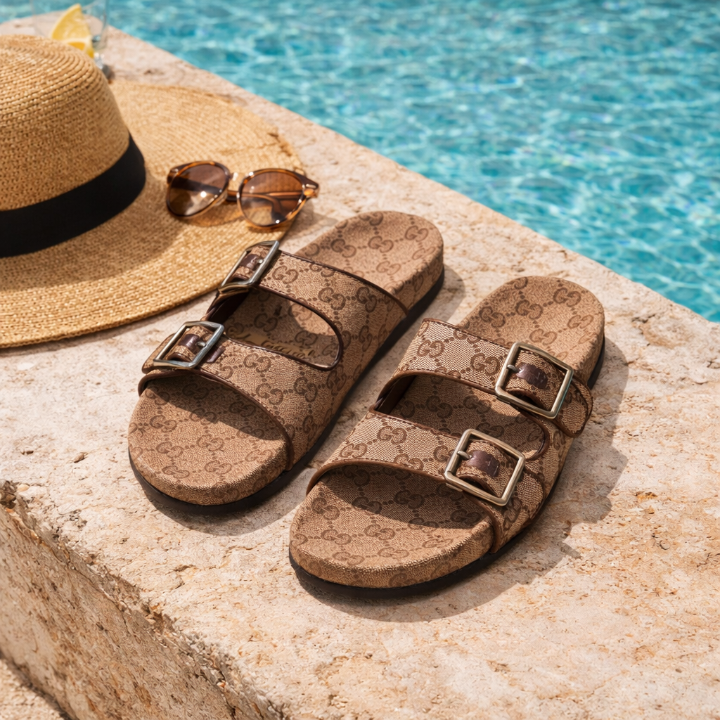 Luxury g pattern side buckle soft slipper sandals