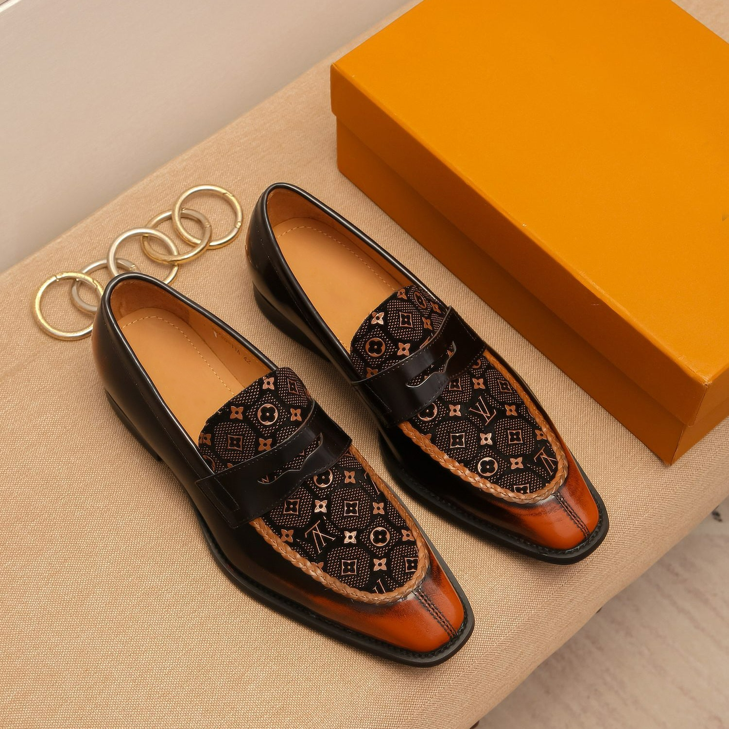 Dark brown V logo men's formal loafers