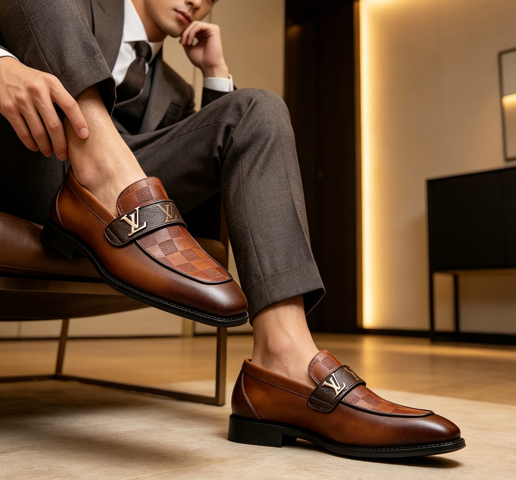Brown V logo men's formal business shoes