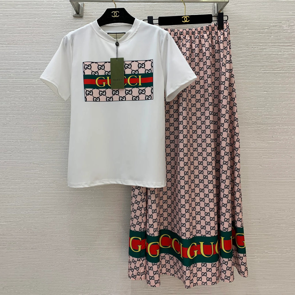 New Fashion Casual Old Flower GG Pinted Short Sleeve + Half Body Skirt 1025070201