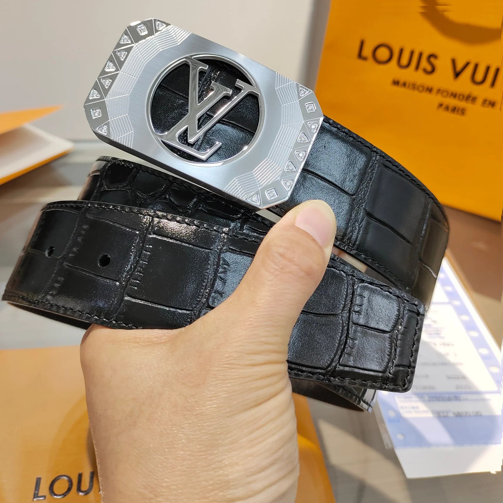Premium Steel Buckle Diamond-Studded Double-Sided Cowhide Belt 1425120808