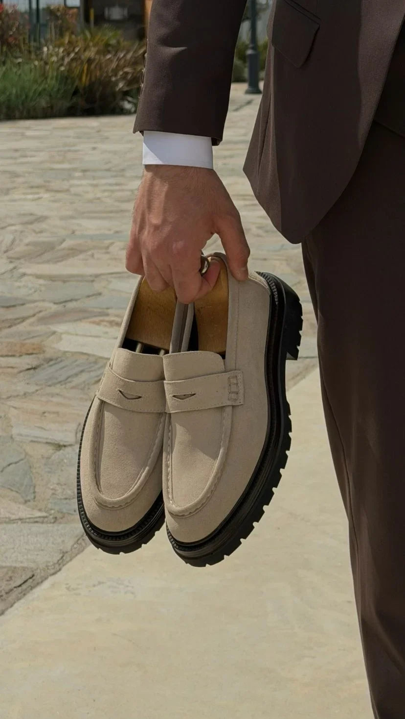 Beige Suede Chunky Penny Loafers