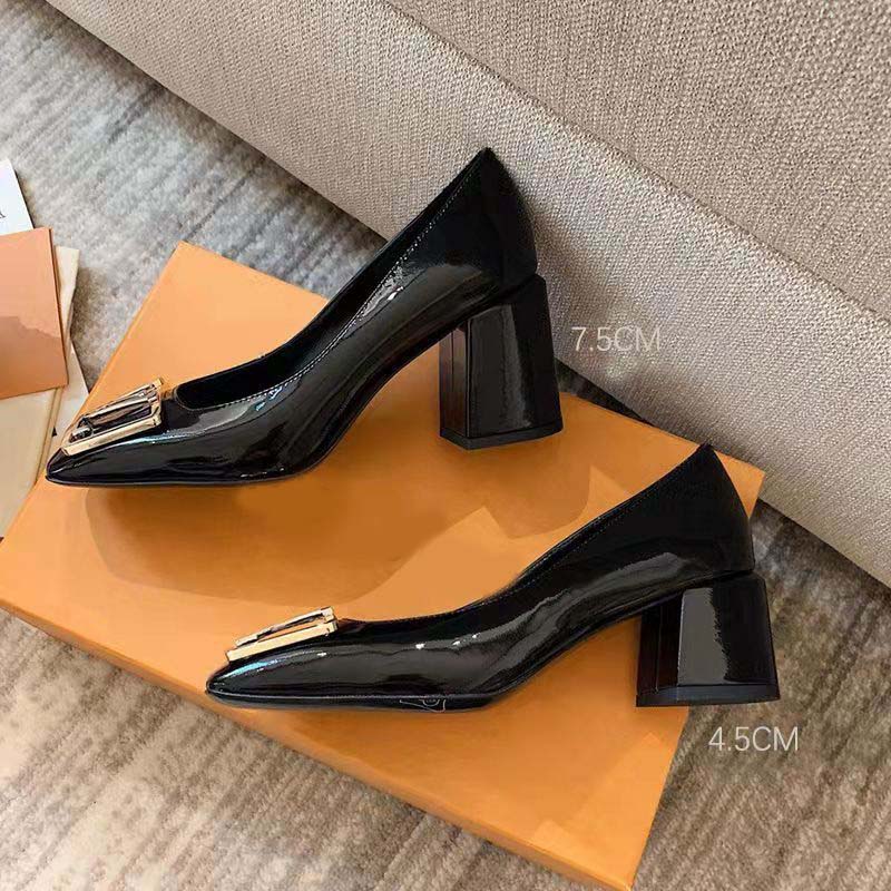 patent leather letter buckle square toe women's shoes