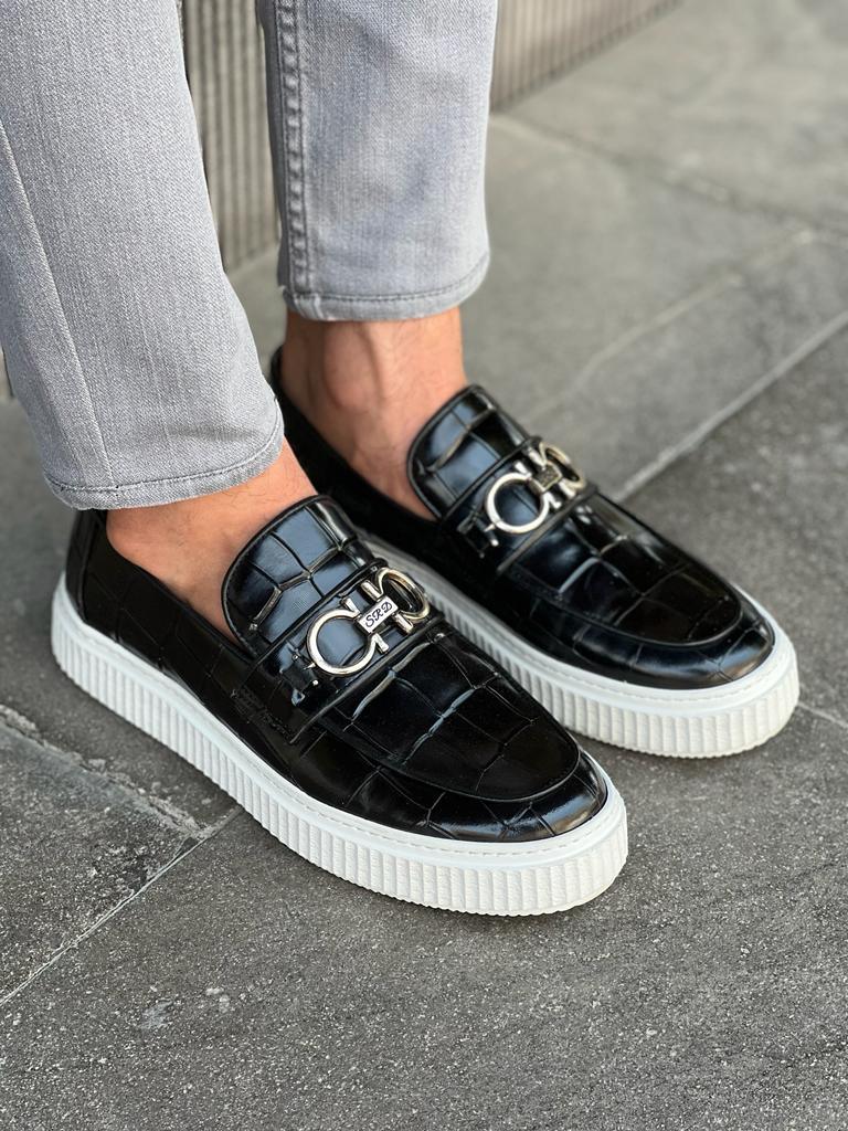 Laughlin Crocodile Pattern Black Bit Loafers