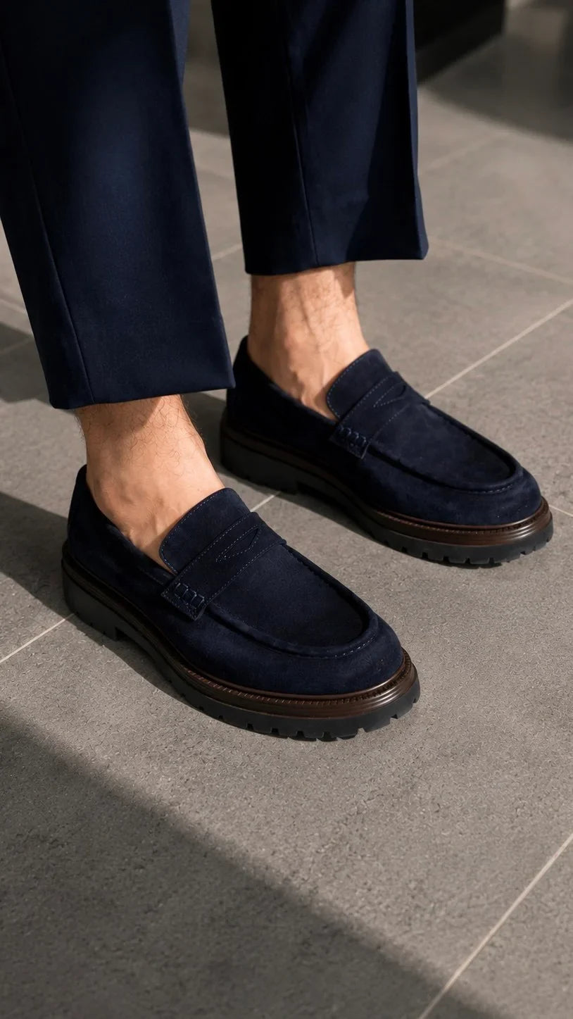 Navy Blue Suede Chunky Penny Loafers