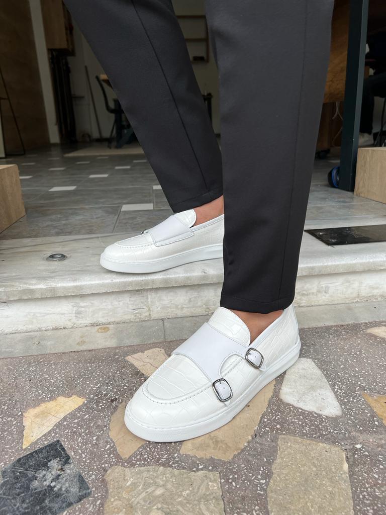 Empire Crocodile Pattern White Double Monk Strap Shoes