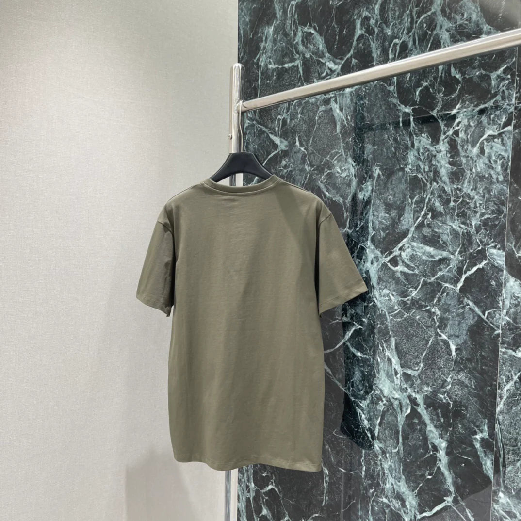 Forest green embroidered crew neck short-sleeved shirt 1426013014